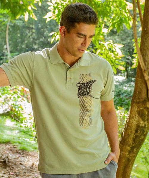 Tribal Manta Vert - Hemp Dyed Short Sleeve Oceanfront Polo Shirt