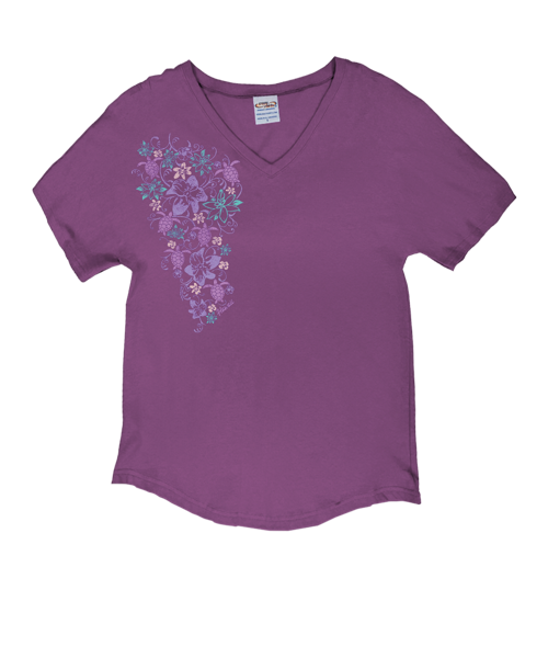Honu Floral Sketch - Violet Short Sleeve Dolman V-Neck Tee