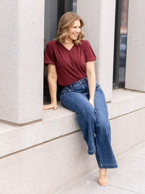 V-Neck Cinch Shoulder Knit Top