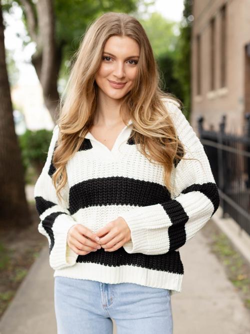 Elan V-Neck Notched Stripe Sweater