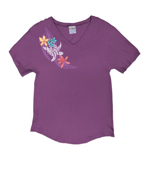 Tribal Honu Puas - Violet Short Sleeve Dolman V-Neck Tee