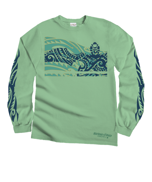 Honu Tribal Mauka - Key Lime Dyed Long Sleeve Crewneck T-Shirt