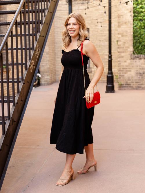 Sweetheart Smocked Bow Strap Midi Dress