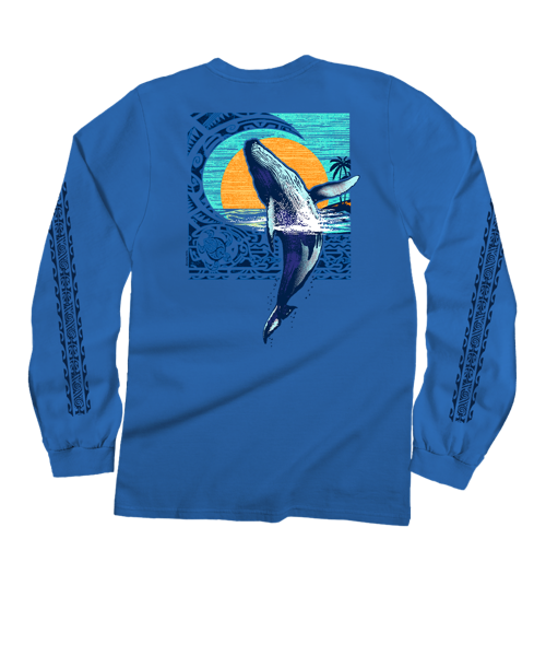 Tribal Whale Breach - Blue Hawaii Dyed Long Sleeve Crewneck T-Shirt