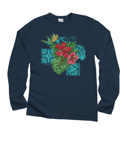Pua Nani Montage - Navy Long Sleeve Crewneck T-Shirt
