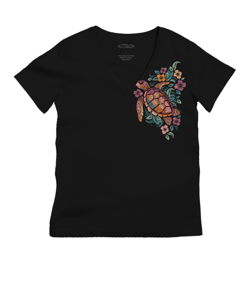 Tropical Floral Turtle - Jet Black Short Sleeve Pima V-Neck T-Shirt