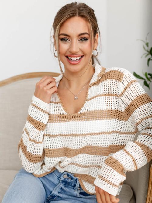 Crochet Striped V-Neck Sweater