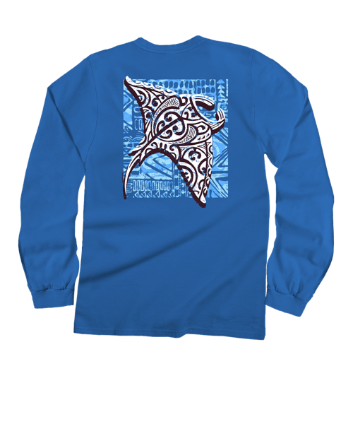 Tribal Manta Block - Blue Hawaii Dyed Long Sleeve Crewneck T-Shirt