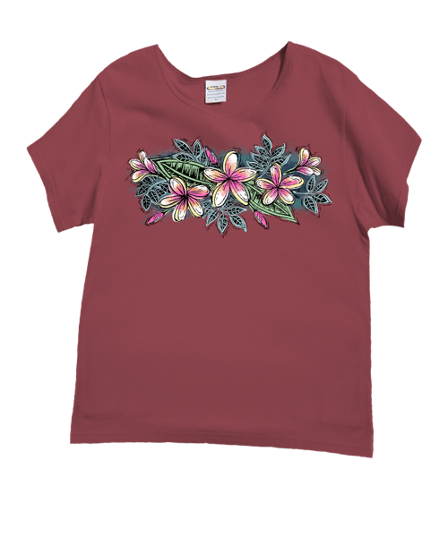 Sketchy Plumeria - Paradise Red Dyed Short Sleeve Scoop Neck T-Shirt