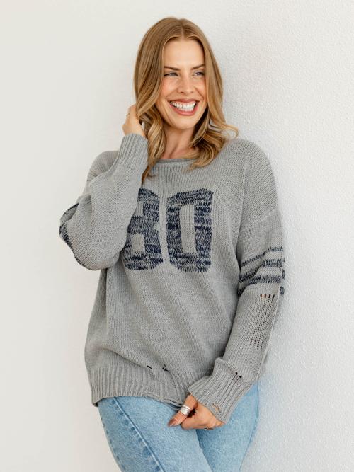 Distressed Long Sleeve Varsity Knit Top