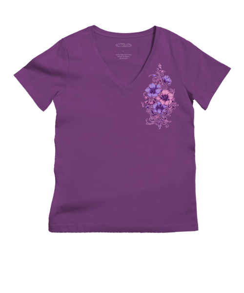 Floral Flourish - Violet Short Sleeve Pima V-Neck T-Shirt
