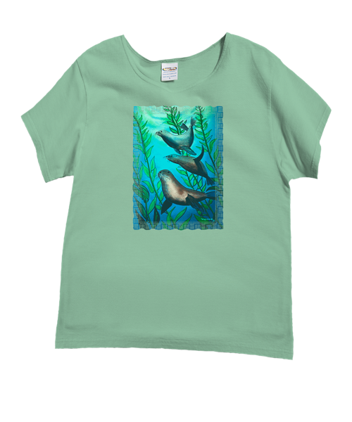Wyland® Sea Lions - Key Lime Dyed Short Sleeve Scoop Neck T-Shirt