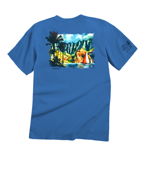 Tropical Watercolor Sail - Blue Hawaii Dyed Short Sleeve Crewneck T-Shirt