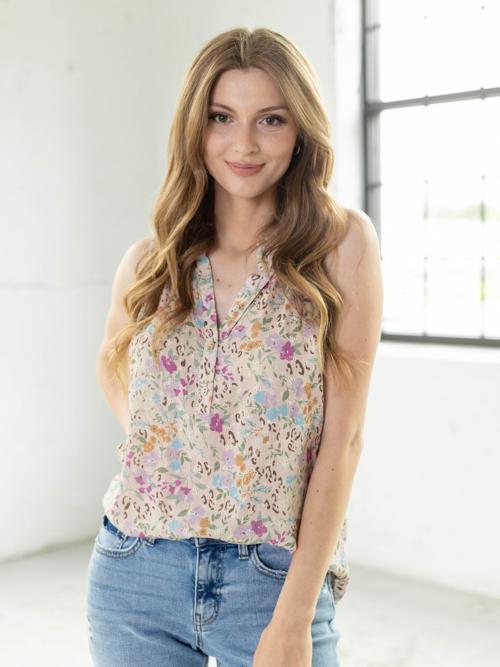 Lovestitch Floral Eyelet Button Front Tank