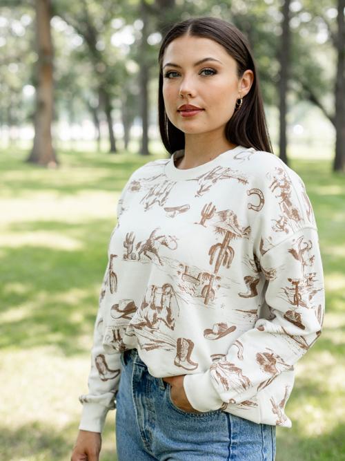 Western Print Crew Neck Long Sleeve
