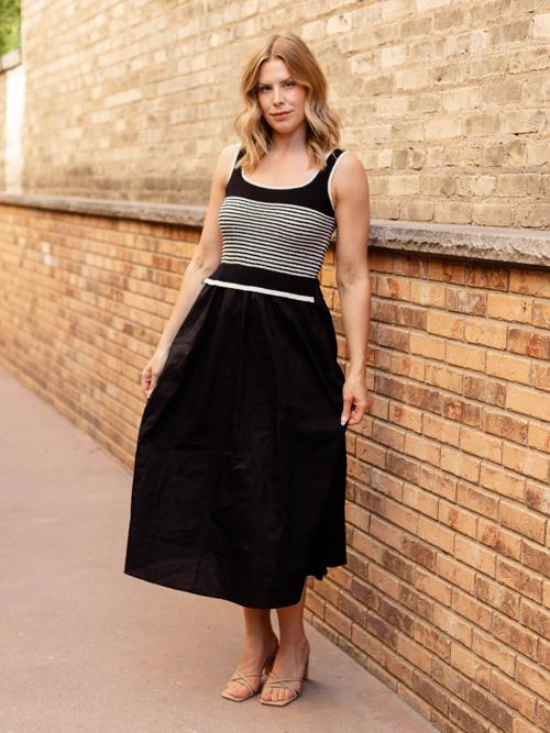 Stripe Sweater Tank Woven Midi Dress