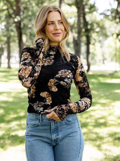 Floral Print Lace Mock Neck Top