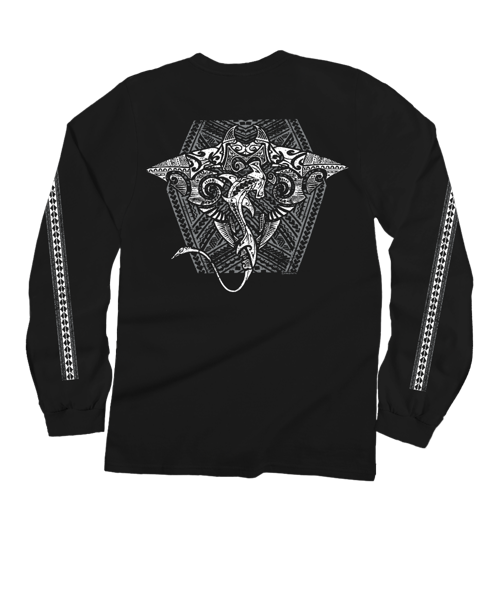 Tribal Manta Shark - Black Long Sleeve Crewneck T-Shirt
