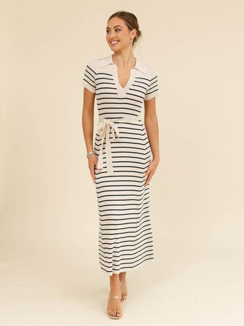 Stripe Crochet Belted Sweater Dress