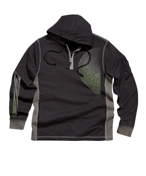 Tribal Chest Tattoo - Black/Charcoal Long Sleeve Longboard Hooded Tee