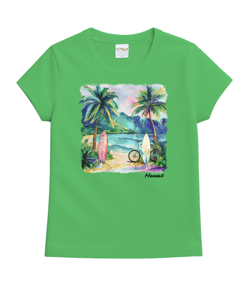 Tropical Watercolor Beach - Green Apple Dyed Short Sleeve Crewneck T-Shirt