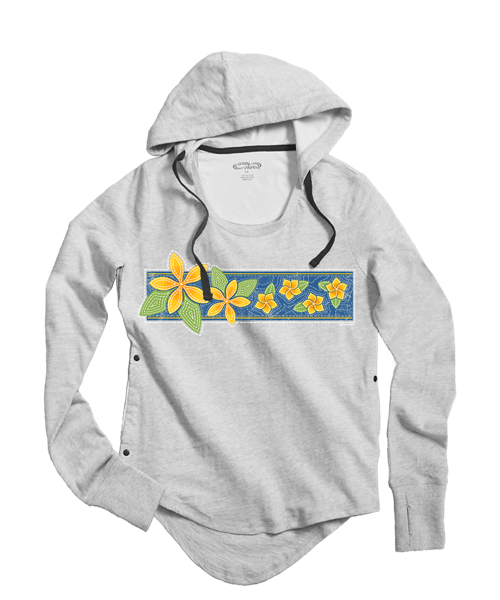 Plumeria Quilt Band - White Gray Heather Long Sleeve Harmony Hooded T