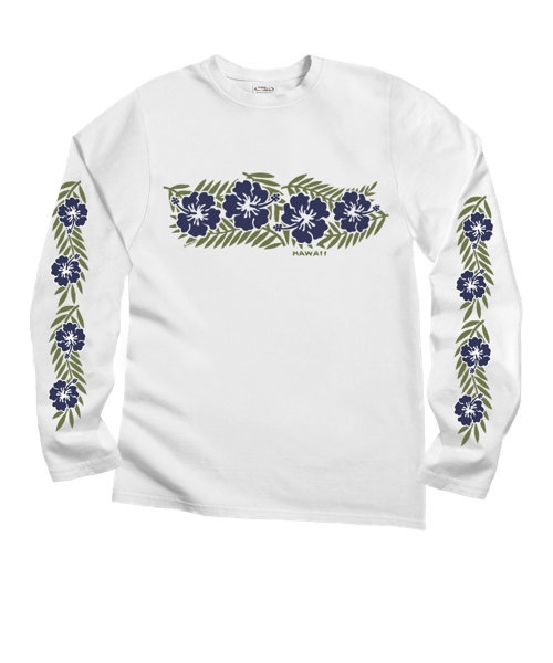 Retro Hibiscus - White Long Sleeve Crewneck T-Shirt