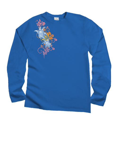 Tribal Floral Turtle - Blue Hawaii Dyed Long Sleeve Crewneck T-Shirt