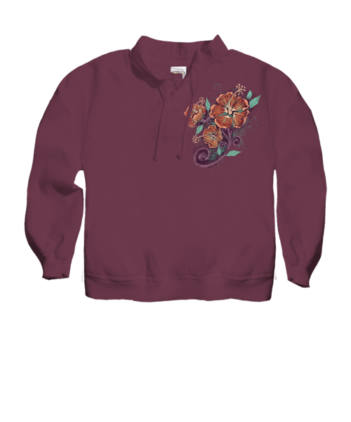 Hibiscus Floral Cascade - Wine Dyed Long Sleeve Lightweight Pullover