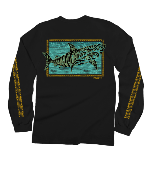 Tribal Tiger Shark - Black Long Sleeve Crewneck T-Shirt