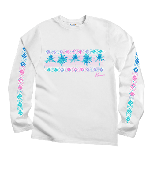 Row Of Palms - White Long Sleeve Crewneck T-Shirt
