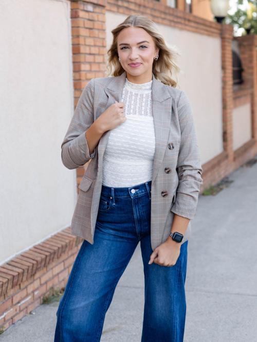 Skies Are Blue Open Front Plaid Ruched Sleeve Blazer