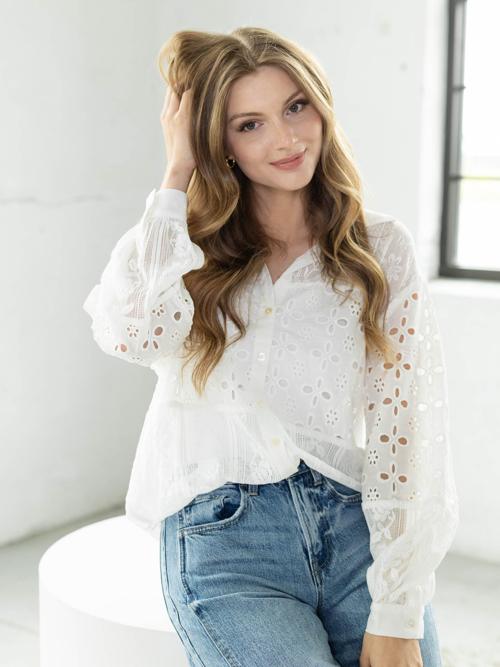Lovestitch Embroidered Eyelet Patchwork Button Down Shirt