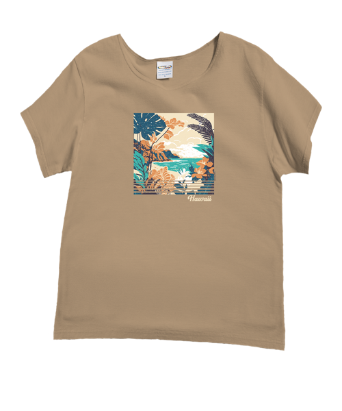 Vintage Tropic Beach Scene - Kona Coffee Dyed Short Sleeve Scoop Neck T-Shirt