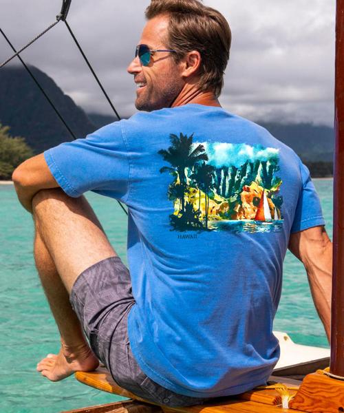 Tropical Watercolor Sail - Blue Hawaii Dyed Short Sleeve Crewneck T-Shirt