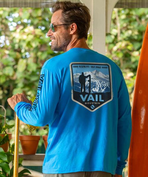 Vail Resort Vail Mountain Badge - Blue Hawaii Dyed Long Sleeve Crewneck T-Shirt