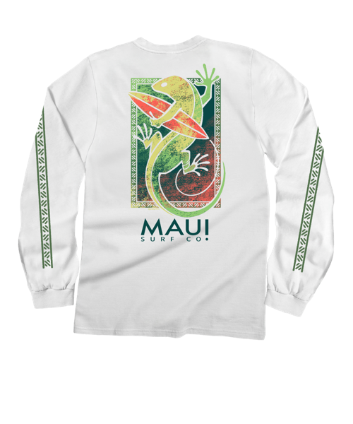 Maui Surf Co. Green Gecko - White Long Sleeve Crewneck T-Shirt