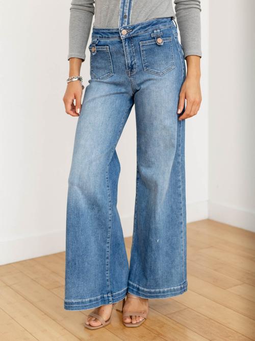 RISEN Medium Mid Rise Wide Front Patch Pocket Jean
