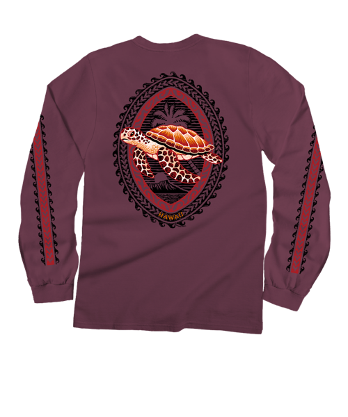 Honu Tribal Woodcut - Wine Dyed Long Sleeve Crewneck T-Shirt