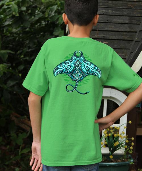 Tribal Blue Manta - Green Apple Dyed Short Sleeve Crewneck T-Shirt