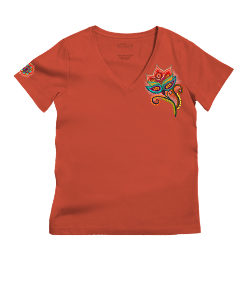 Paisley Floral - Paprika Short Sleeve Pima V-Neck T-Shirt