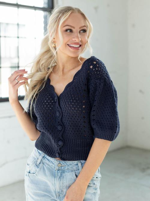 Short Sleeve Scallop Sweater Cardigan
