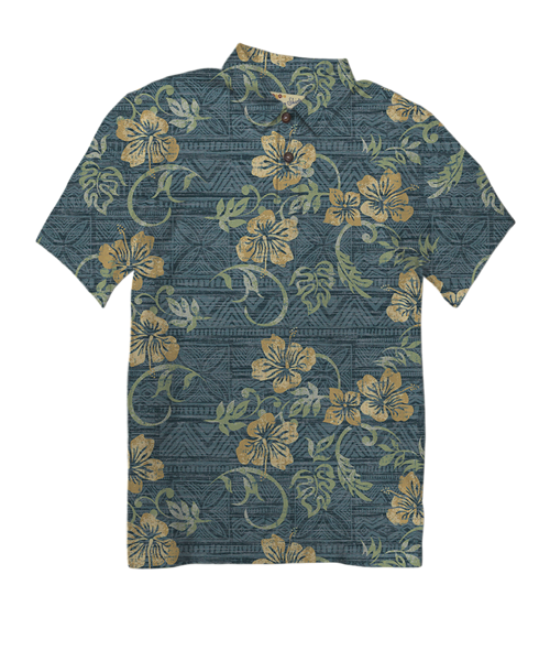 Waikoloa - Blue Nights/Dijon Short Sleeve Hawaiian Polo Shirt
