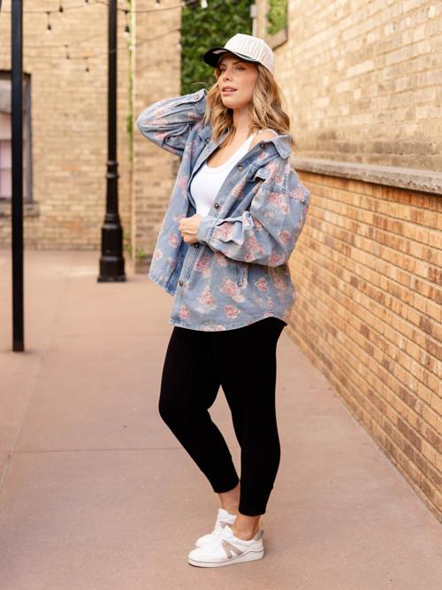 Floral Print Washed Denim Shacket