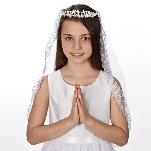 Satin Bow Headband W/ Pearl Cross First Communion Veil - F2022