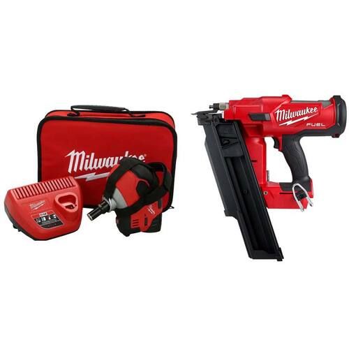 Milwaukee M12 Cordless Palm Nailer Kit with One 1.5Ah Battery, Charger with M18 FUEL 3-1/2 in. 18-Volt 21-Degree Framing Nailer