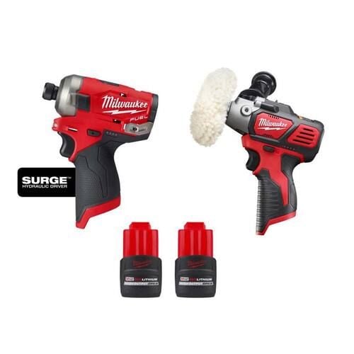 Milwaukee M12 FUEL SURGE 12V 1/4 in. Hex Impact Driver w/M12 12V Variable Speed Polisher/Sander & (2) M12 HO 2.5 Ah Battery Packs