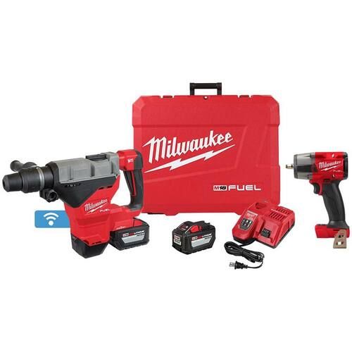 Milwaukee M18 FUEL ONE-KEY 18V Lith-Ion Brushless Cordless 1-3/4 in. SDS-MAX Rotary Hammer w/2 Batteries & 3/8 in. Impact Wrench
