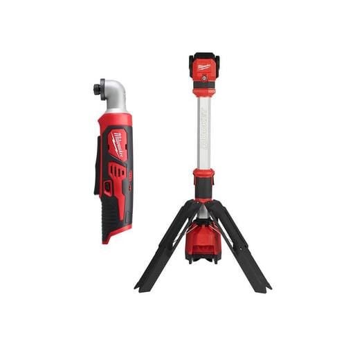 Milwaukee M12 12V Lithium-Ion Cordless 1/4 in. Right Angle Hex Impact Driver w/M12 1400 Lumen ROCKET LED Stand Work Light