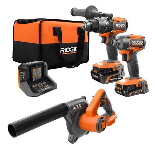 RIDGID 18V Brushless Cordless 3-Tool Combo Kit w/ Hammer Drill, Impact Driver, Compact Jobsite Blower, Batteries, Charger & Bag